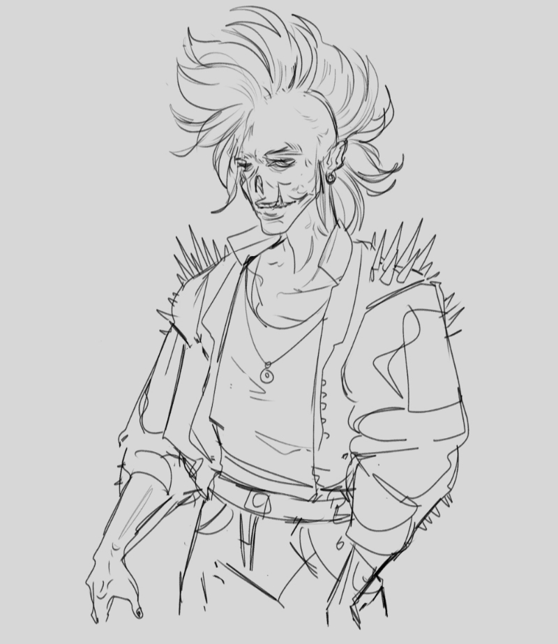 Sketch of Amicus wearing a studded leather jacket. They are a human with a partiallly shaved head and heavy burn marks on their face, which lacks a nose.